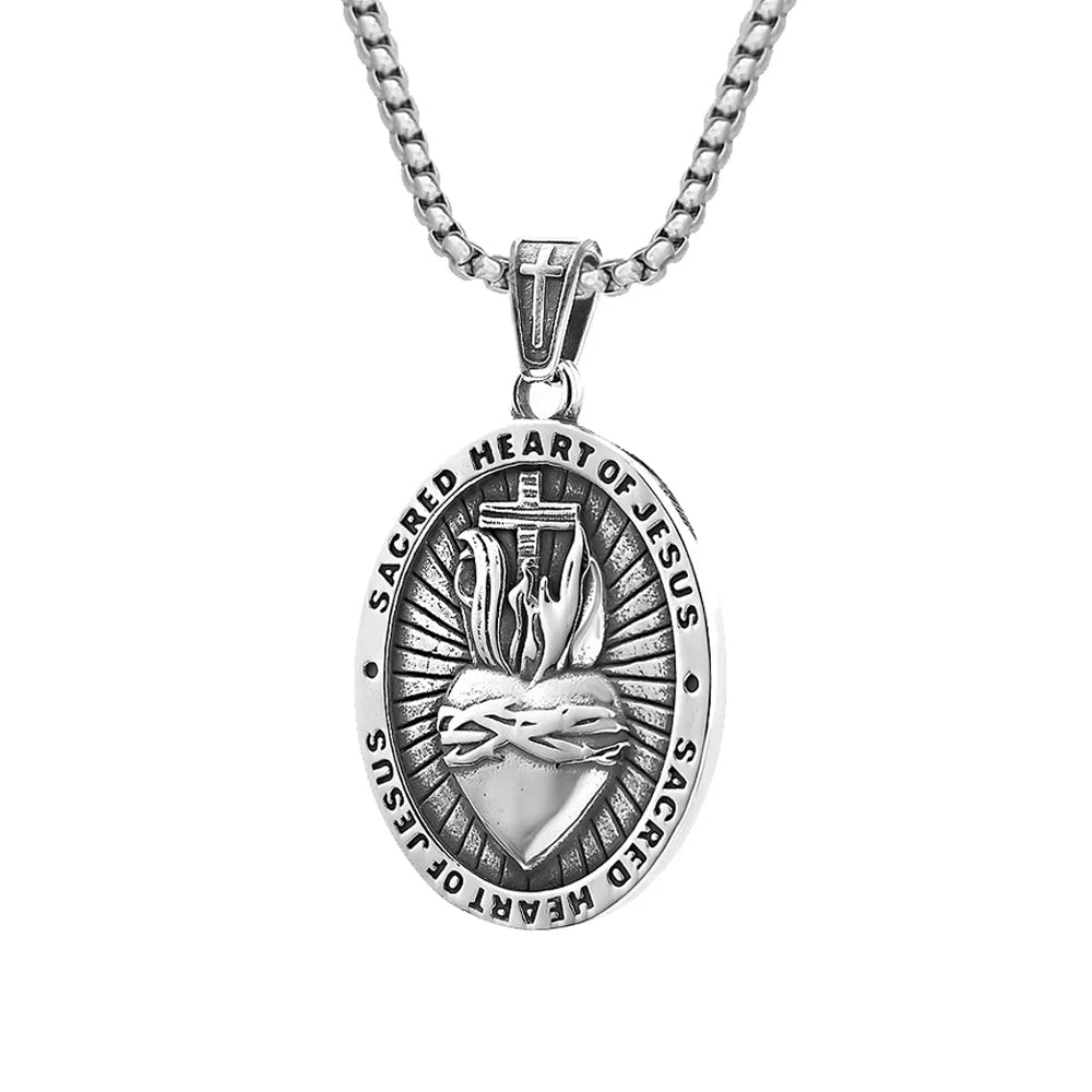 Fashion Vintage Sacred Heart of Jesus Necklace for Men Women 316L Stainless Steel Religious Cross Pendant Biker Amulet Jewelry