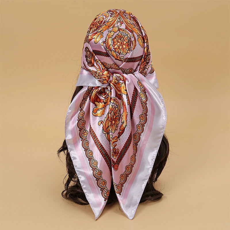Satin Square Scarf Women Muslim Hijab Elegant 2025 Print Silk Neckerchief Shawl Wraps Headband Handle Hair Accessories Bandana