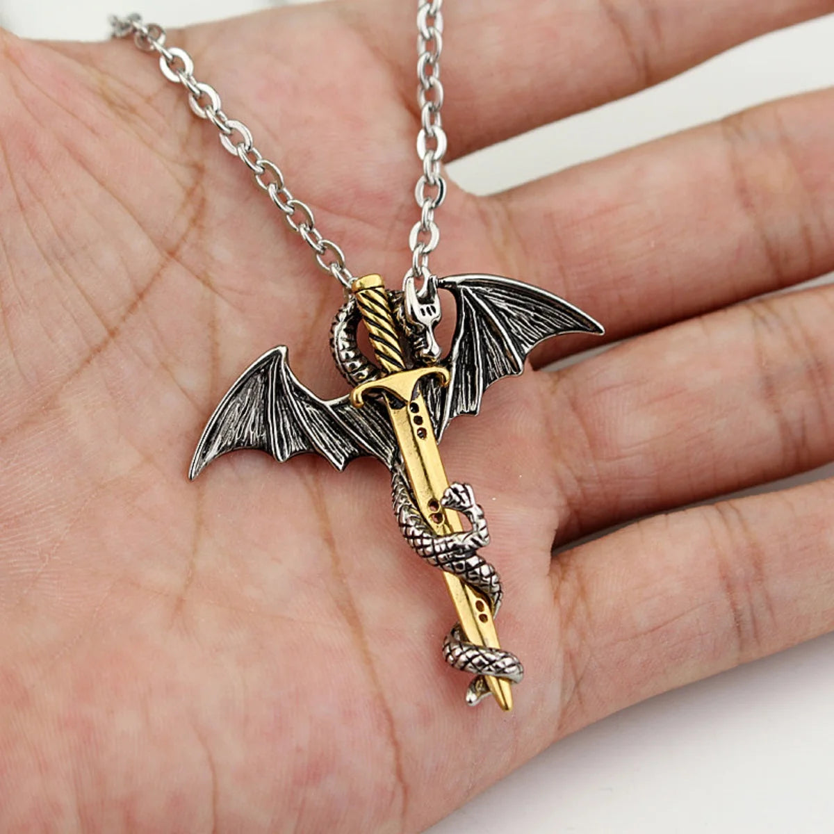 Fashion Vintage Charm Pterosaurs Sword Necklace Flying Dragon With Wings Rolled Pendant Cross Punk Jewelry Men Women
