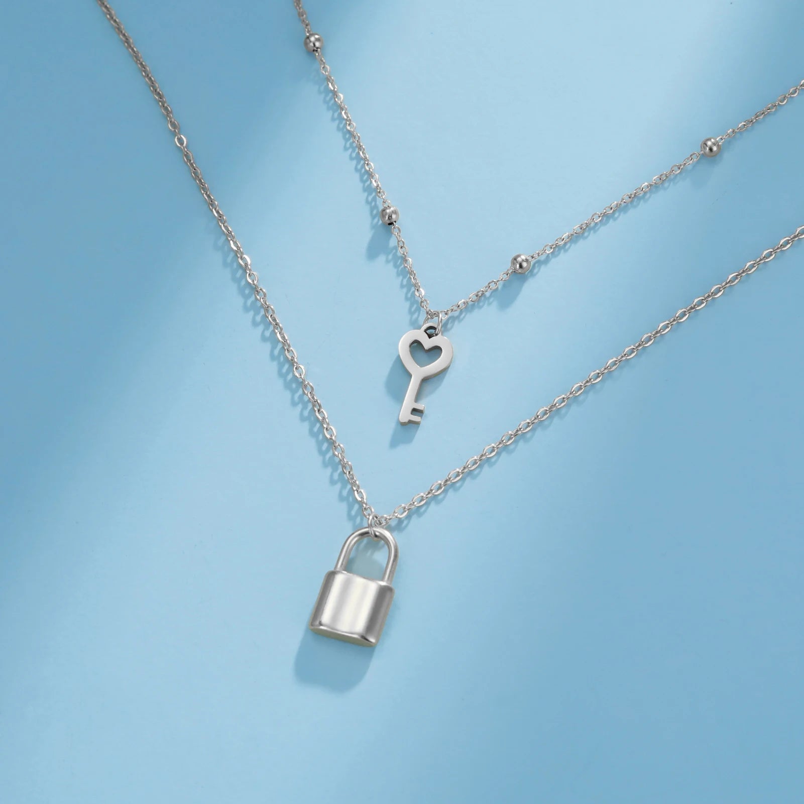Skyrim Key Padlock Pendant Stainless Steel Necklace Gold Color Women Double Layer Chain Necklaces Trendy Jewelry Wedding Gifts