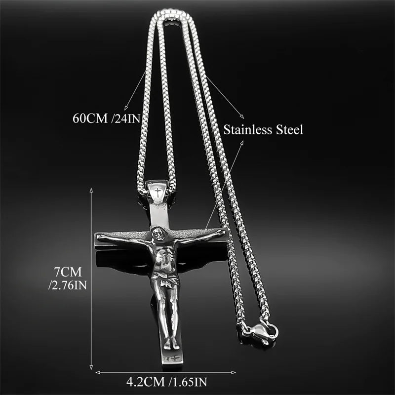 Stainless Steel Christian Jesus Cross Crucifix Pendants Necklaces for Men Women Silver Color Chain Necklaces Jewelry Gift
