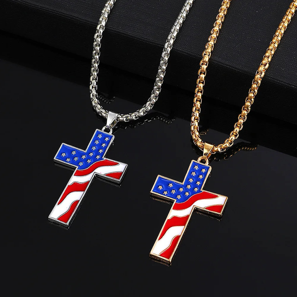 Stainless Steel Chains American Flag Necklace Jesus Christ Cross Pendant Enamel USA Flag Patriotic Christian Jewelry Long Chain