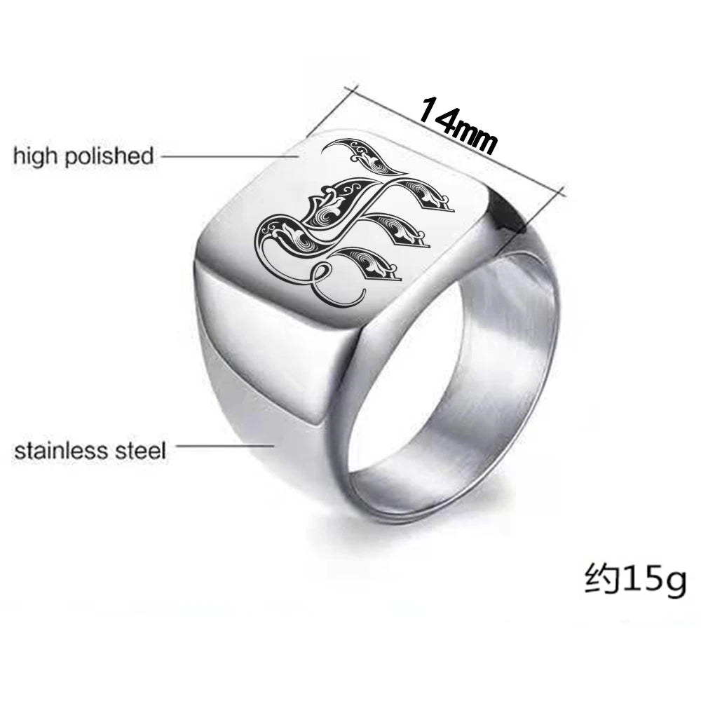 Personalised Initial Engrave A to Z Alphabet Stainless Steel Signet Blank Plain Ring Band High Polished Gold Color Tone U.S.Size