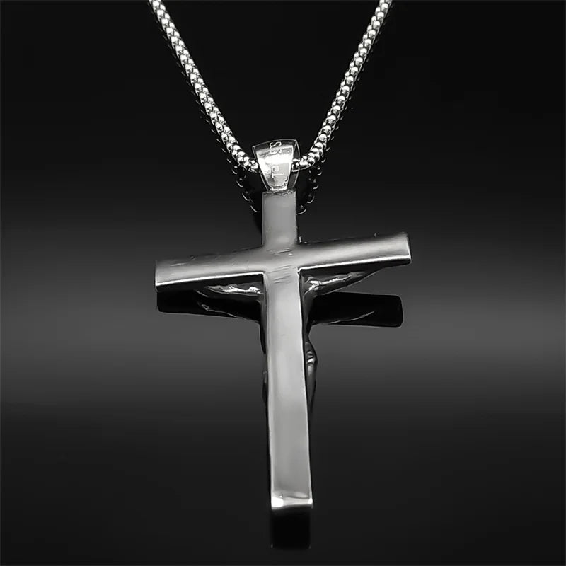 Stainless Steel Christian Jesus Cross Crucifix Pendants Necklaces for Men Women Silver Color Chain Necklaces Jewelry Gift