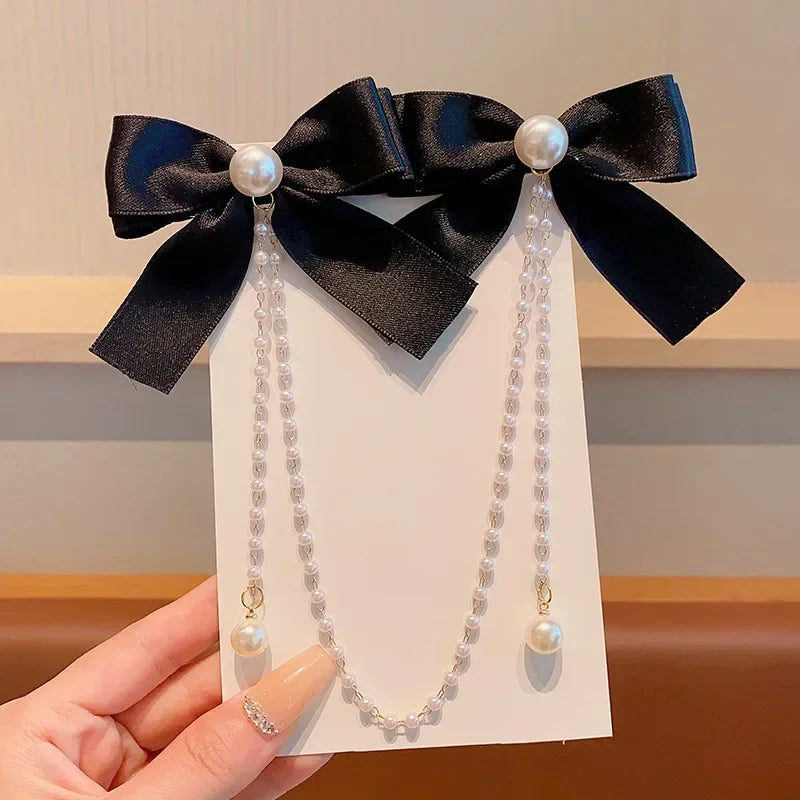 New Elegant Pearl Bow Tassel Hair Clips Solid Velvet Hair Claw Children Princess Hairpins Hair Accessories Заколка Для Волос