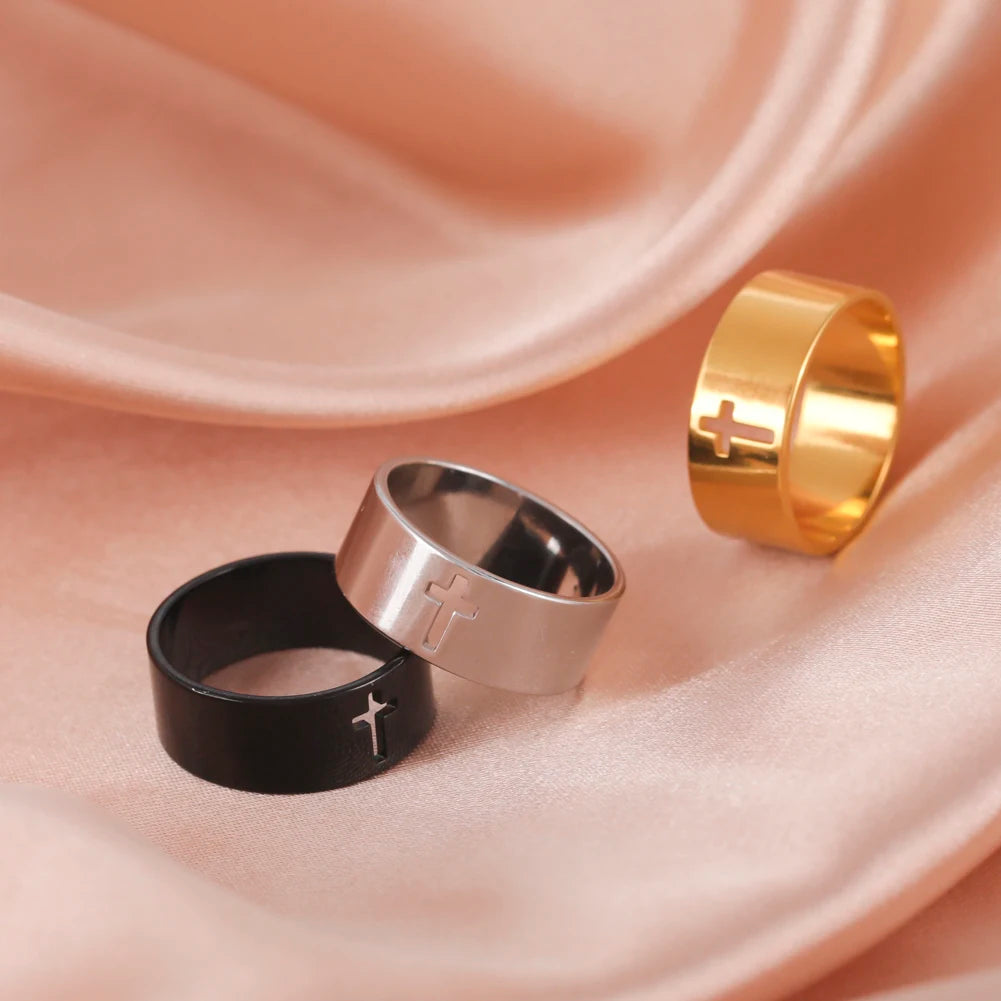 COOLTIME Gothic Cross Couple Rings Stainless Steel Silver Color Jesus Cross Finger Ring for Men Women Punk Jewelry Wedding Gift