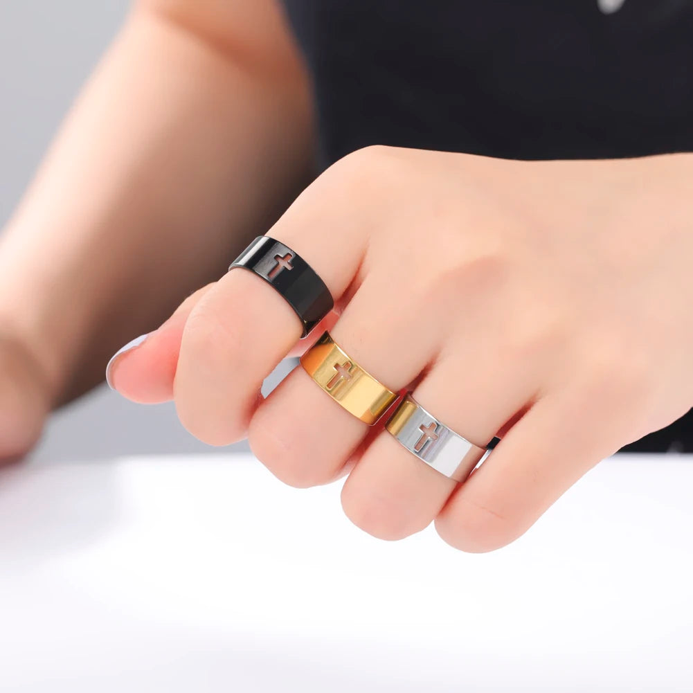 COOLTIME Gothic Cross Couple Rings Stainless Steel Silver Color Jesus Cross Finger Ring for Men Women Punk Jewelry Wedding Gift