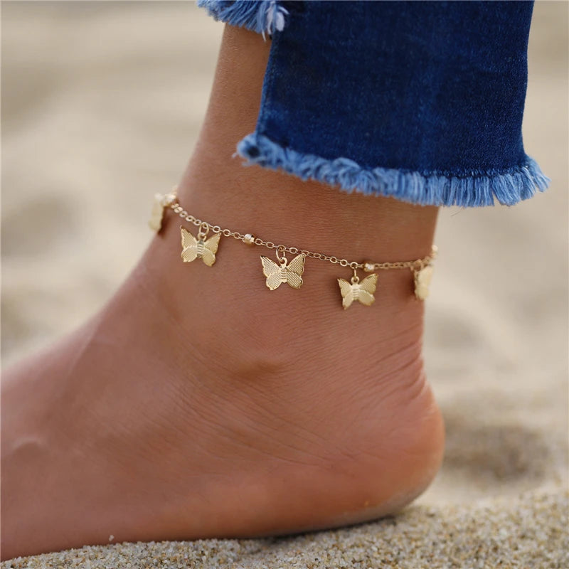 Bohemian Gold Siilver Color Butterfly Anklets For Women Fashion Beads Anklet Summer Beach Ankle Bracelet Foot Chain Jewelry