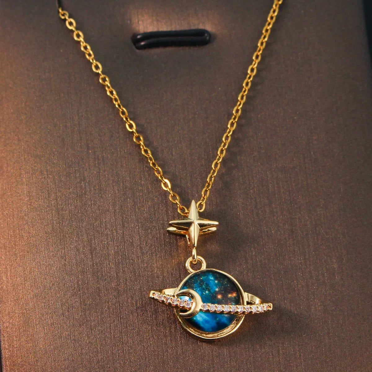 Fashion Planet Moon and Star Opal Pendant Necklace for Women Charm Gold Color Stainless Steel Spaceman Choker Jewelry Accessory
