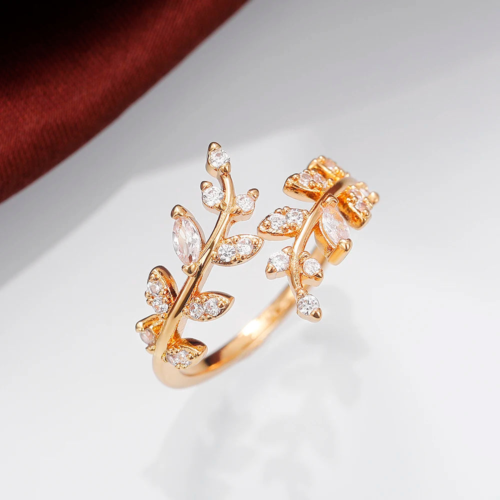 Huitan Fancy Leaf Design Adjustable Opening Rings for Women Sparkling Cubic Zirconia Olive Ring Party Daily Wear Fashion Jewelry