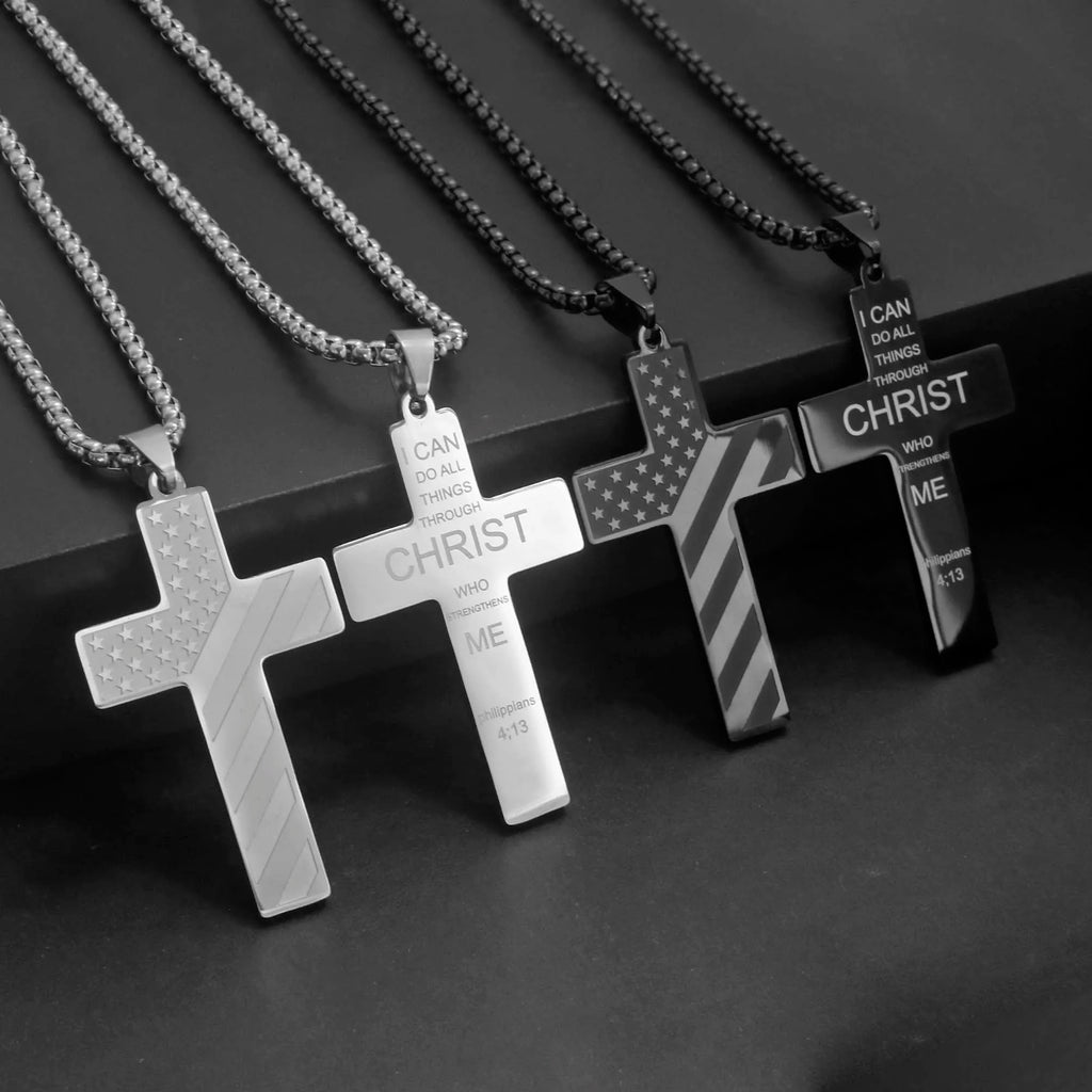 Collier Homme Male Stainless Steel Necklace USA Flag Cross Necklaces for Man Collar Hombre Bible Verse Necklace Man Jewelry
