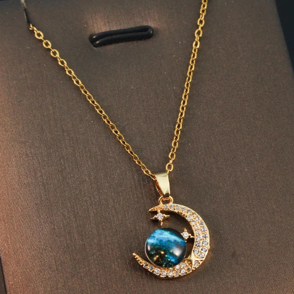 Fashion Planet Moon and Star Opal Pendant Necklace for Women Charm Gold Color Stainless Steel Spaceman Choker Jewelry Accessory