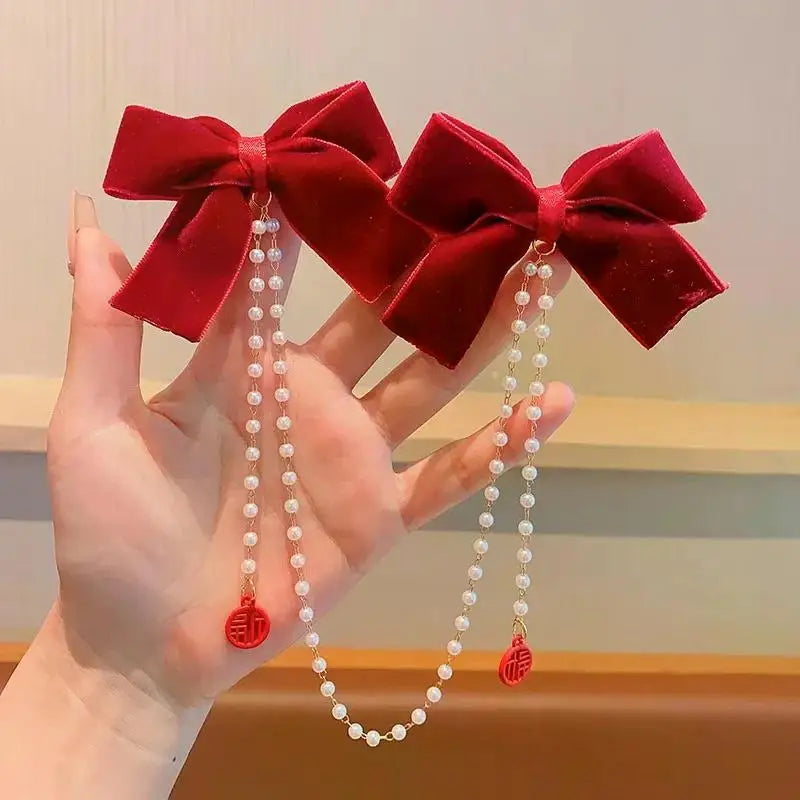 New Elegant Pearl Bow Tassel Hair Clips Solid Velvet Hair Claw Children Princess Hairpins Hair Accessories Заколка Для Волос