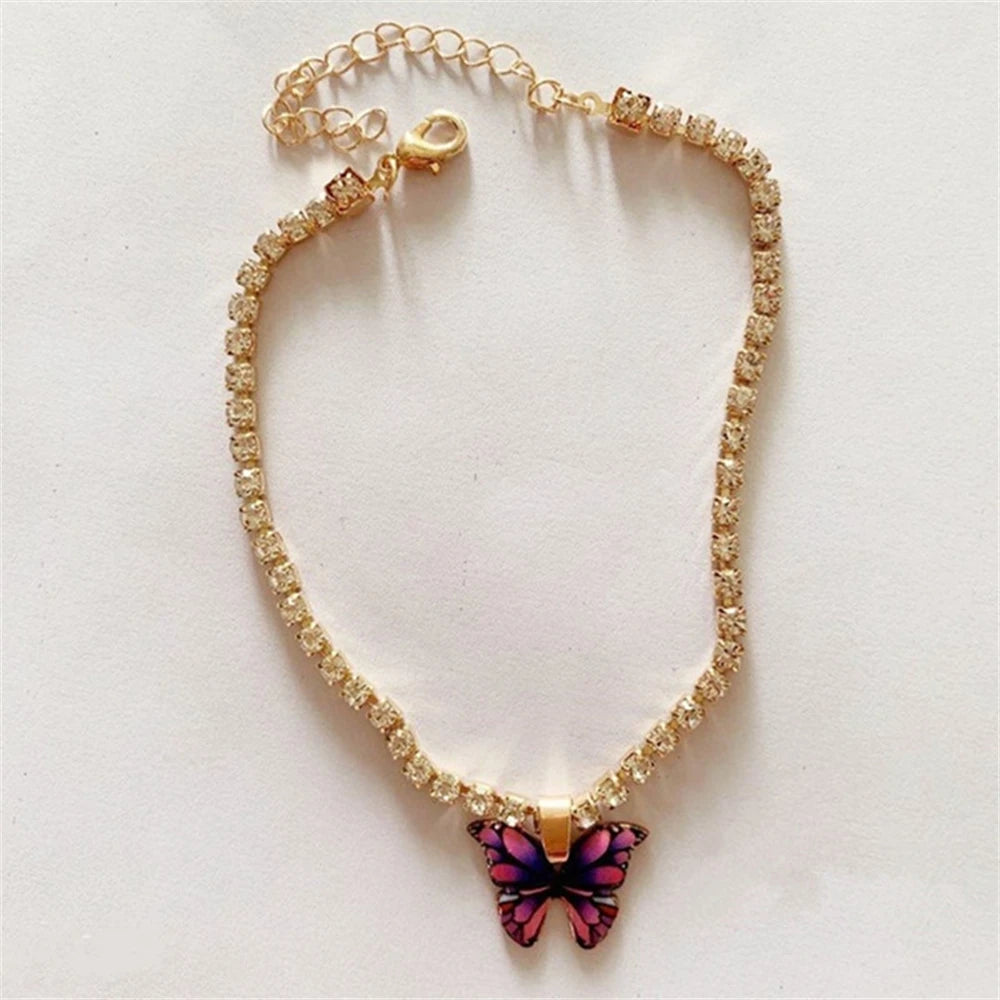 Bohemian Metal Butterfly Anklet Bracelet Colorful Bling Bling Tennis Anklet For Women Girls Summer Beach Foot Chain Accessories