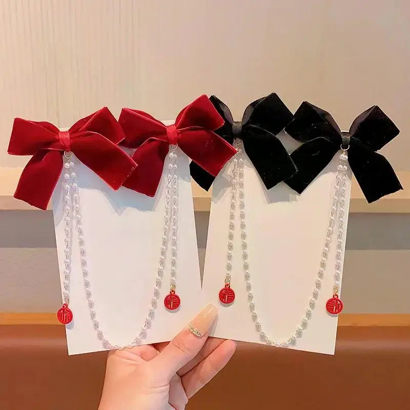 New Elegant Pearl Bow Tassel Hair Clips Solid Velvet Hair Claw Children Princess Hairpins Hair Accessories Заколка Для Волос