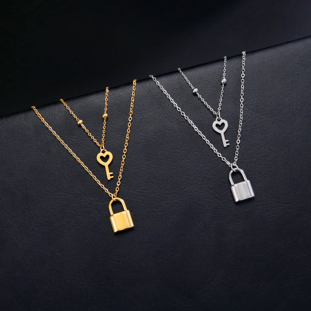 Skyrim Key Padlock Pendant Stainless Steel Necklace Gold Color Women Double Layer Chain Necklaces Trendy Jewelry Wedding Gifts