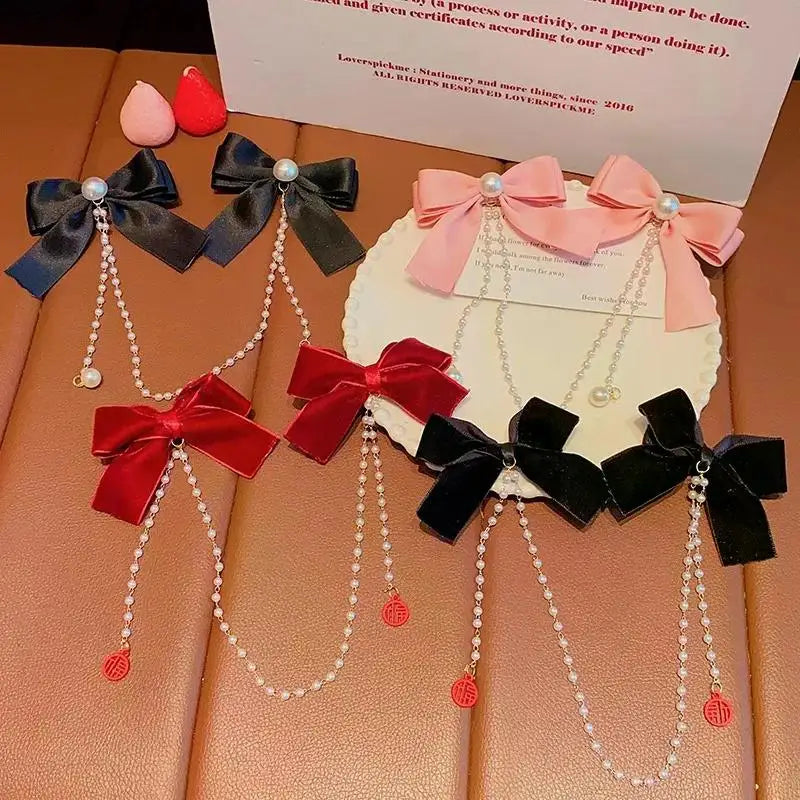 New Elegant Pearl Bow Tassel Hair Clips Solid Velvet Hair Claw Children Princess Hairpins Hair Accessories Заколка Для Волос