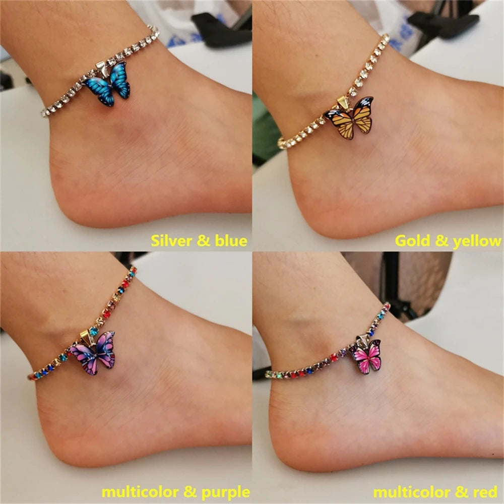 Bohemian Metal Butterfly Anklet Bracelet Colorful Bling Bling Tennis Anklet For Women Girls Summer Beach Foot Chain Accessories