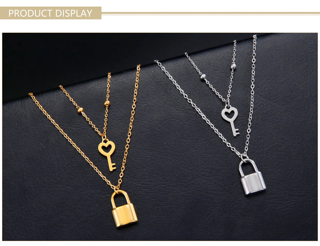 Skyrim Key Padlock Pendant Stainless Steel Necklace Gold Color Women Double Layer Chain Necklaces Trendy Jewelry Wedding Gifts