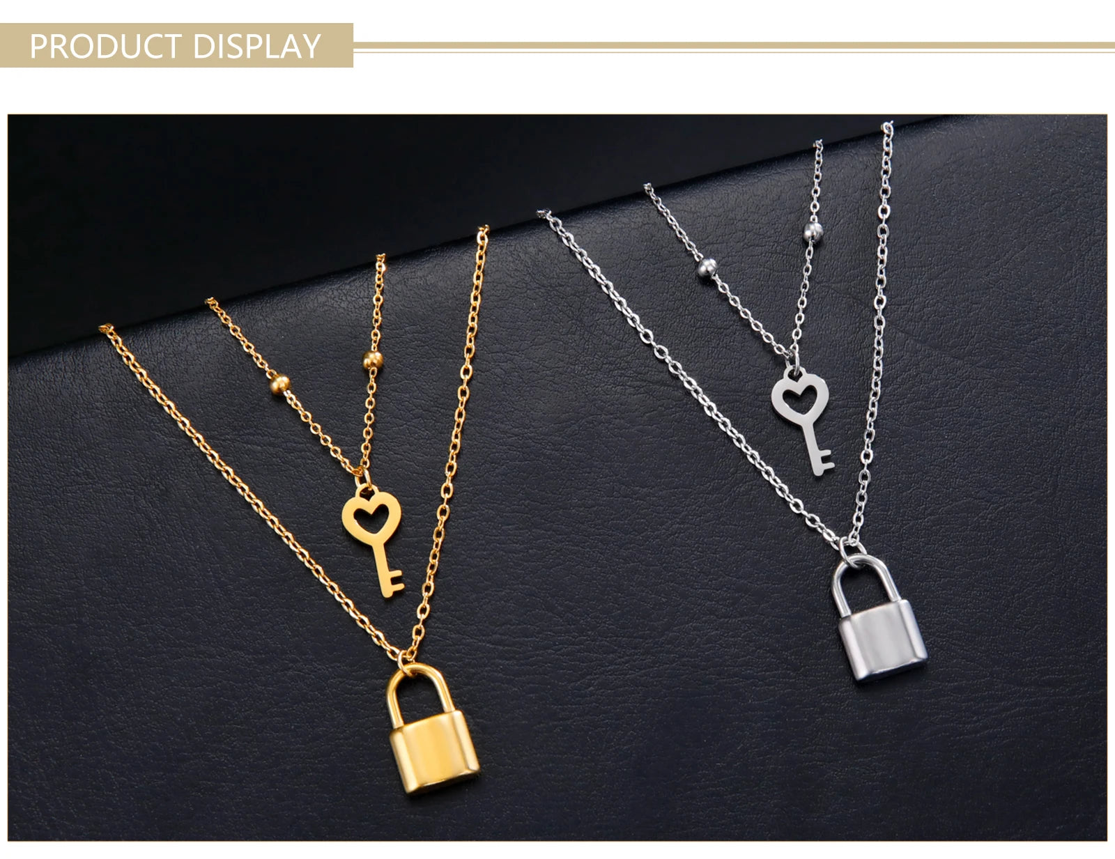 Skyrim Key Padlock Pendant Stainless Steel Necklace Gold Color Women Double Layer Chain Necklaces Trendy Jewelry Wedding Gifts