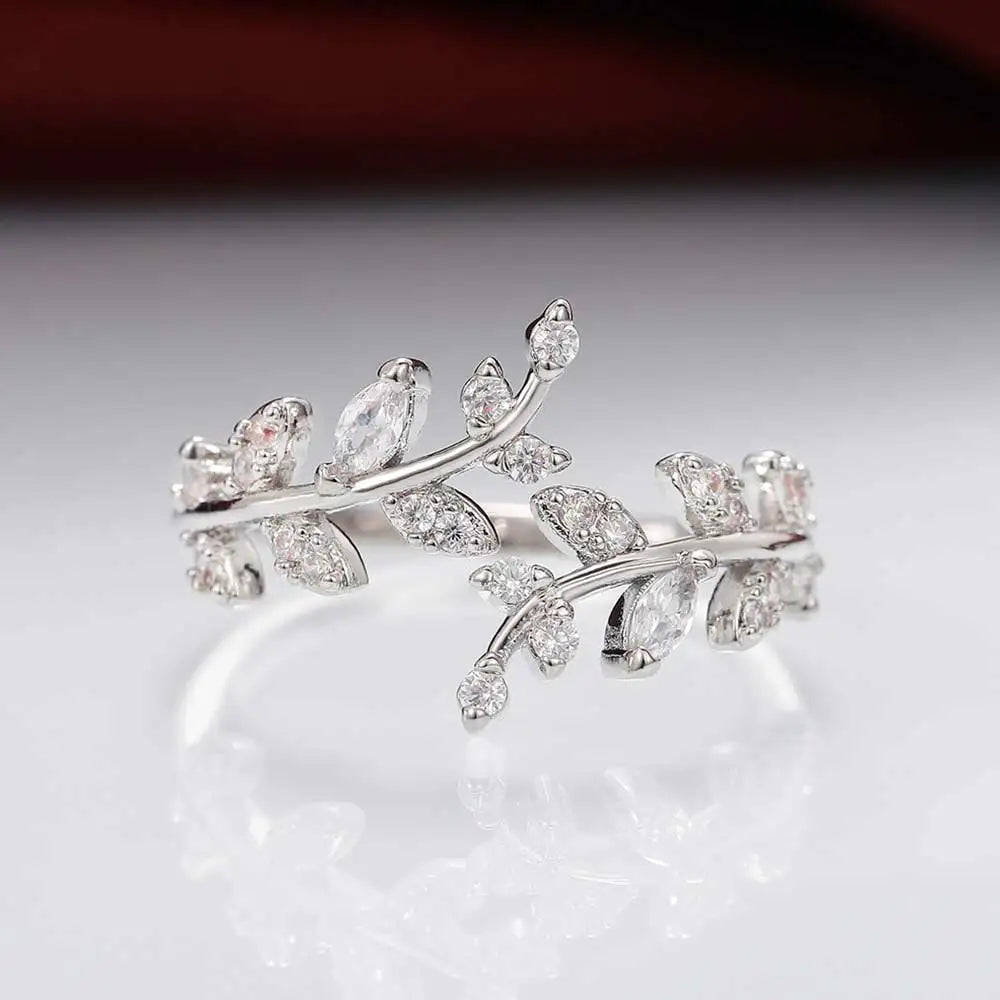 Huitan Fancy Leaf Design Adjustable Opening Rings for Women Sparkling Cubic Zirconia Olive Ring Party Daily Wear Fashion Jewelry
