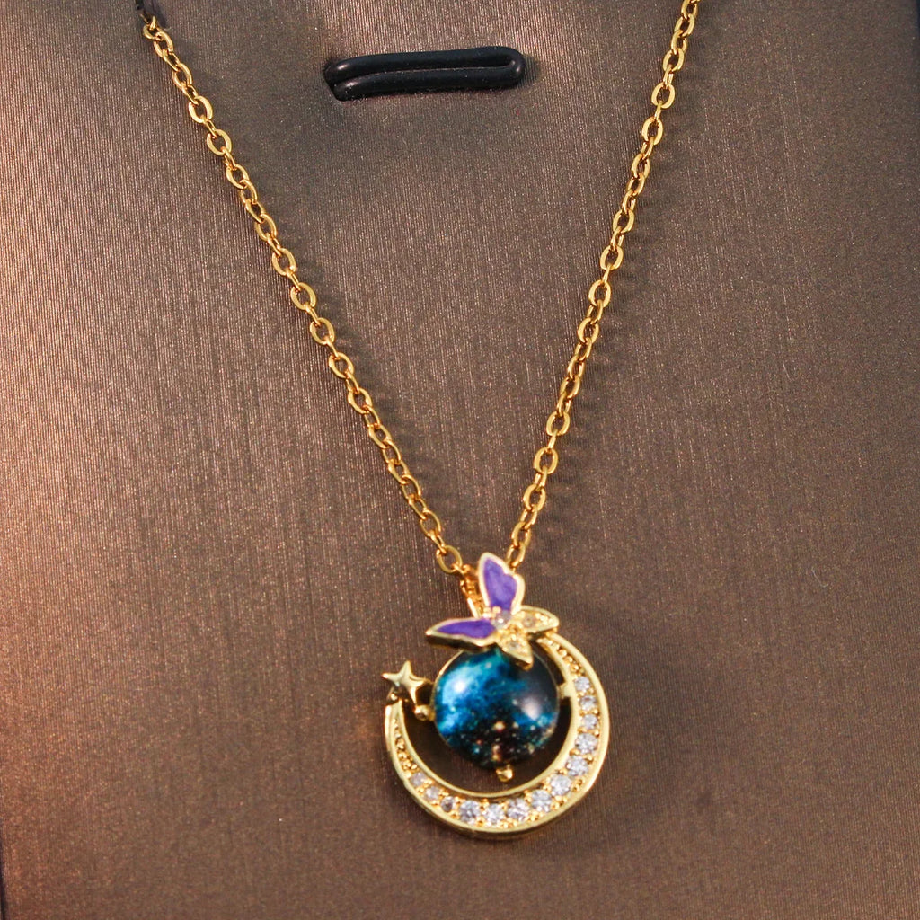 Fashion Planet Moon and Star Opal Pendant Necklace for Women Charm Gold Color Stainless Steel Spaceman Choker Jewelry Accessory