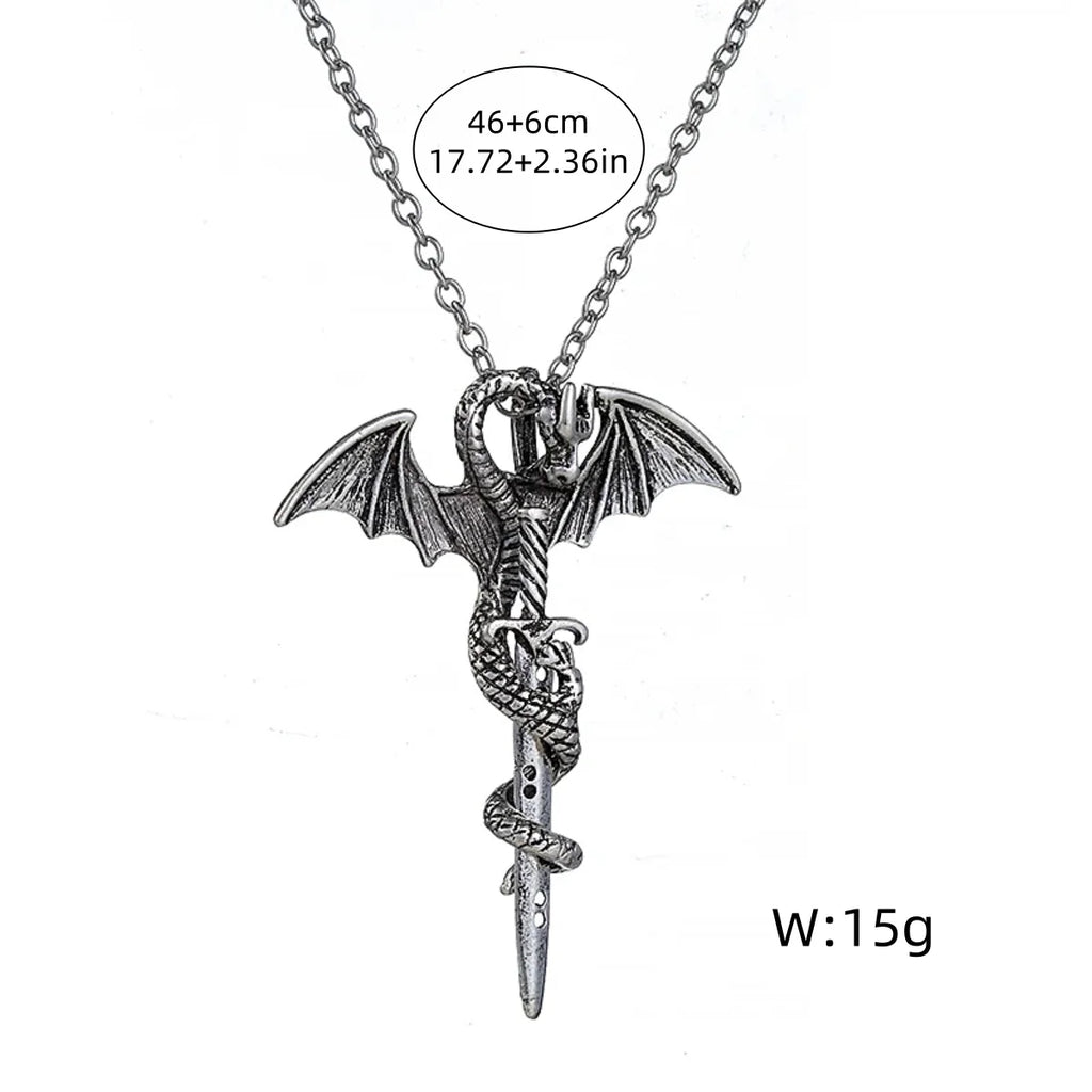 Fashion Vintage Charm Pterosaurs Sword Necklace Flying Dragon With Wings Rolled Pendant Cross Punk Jewelry Men Women
