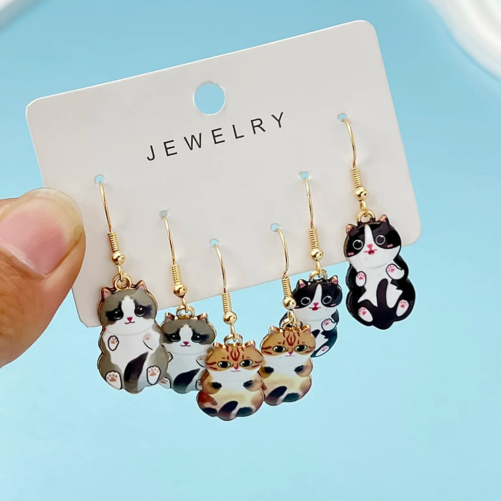 3Pairs/Set New Fun and Cute Enamel Alloy Cat Dangle Earrings Cartoon Style Colored Cat Ear Jewelry Set Gift For Women Girls