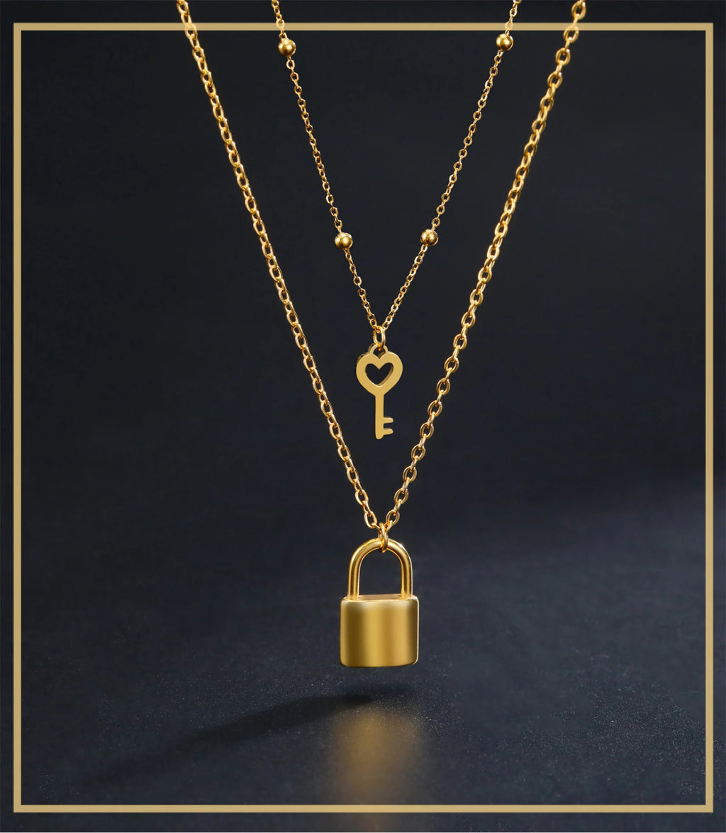 Skyrim Key Padlock Pendant Stainless Steel Necklace Gold Color Women Double Layer Chain Necklaces Trendy Jewelry Wedding Gifts