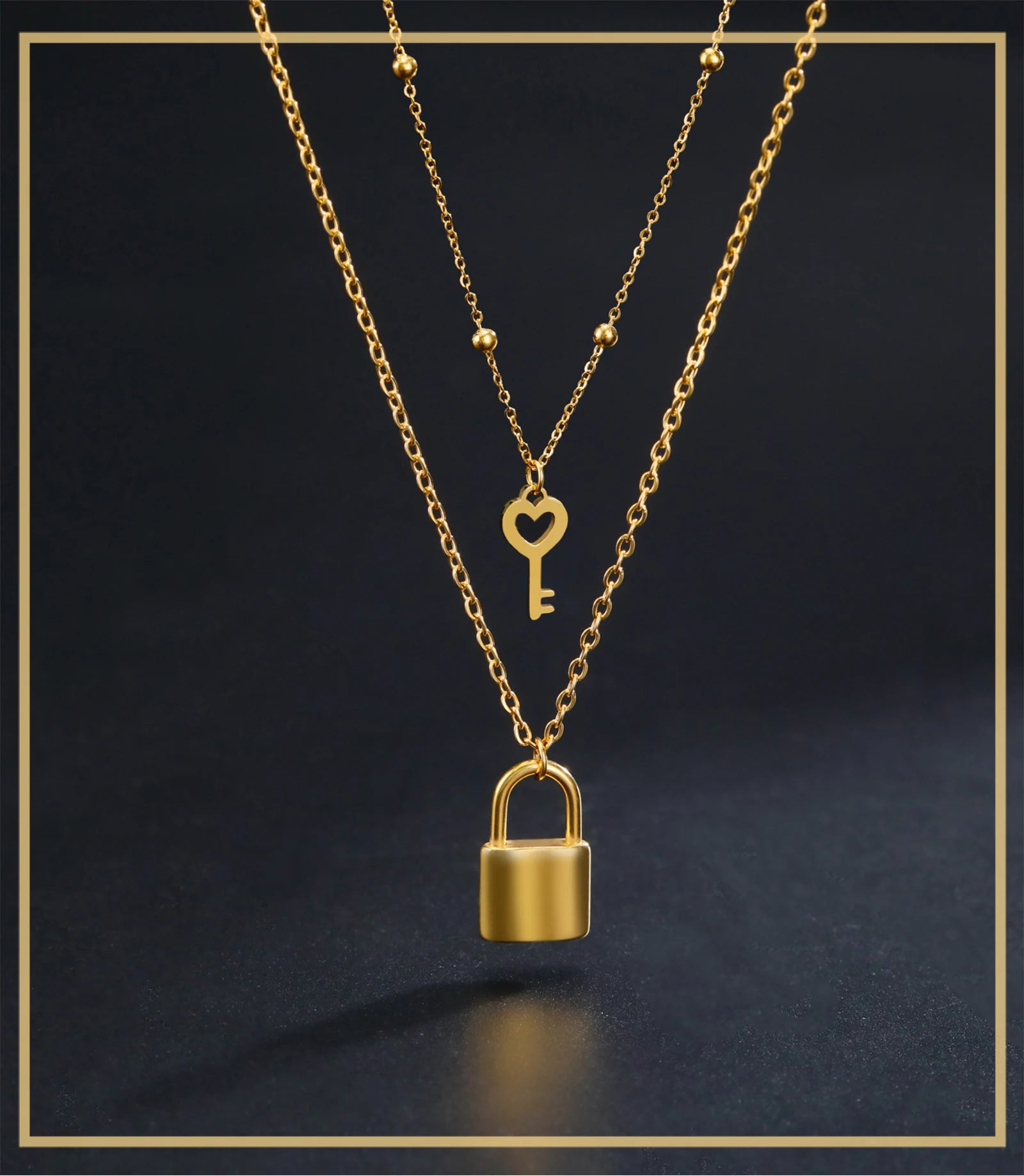Skyrim Key Padlock Pendant Stainless Steel Necklace Gold Color Women Double Layer Chain Necklaces Trendy Jewelry Wedding Gifts
