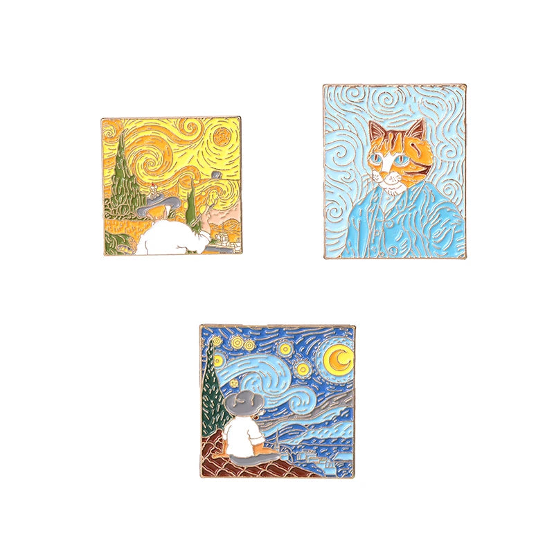 Oil Painting 3-5pcs/Set Enamel Pins Tarot Cards Night Sky Black Cat Brooches Lapel Badge Punk Gothic Jewelry Gift for Friends
