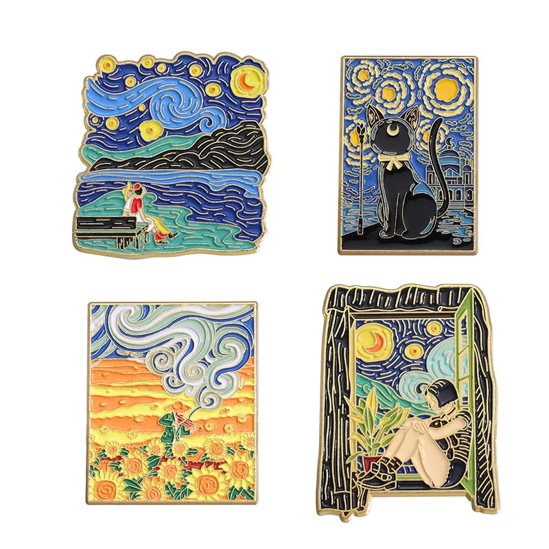 Oil Painting 3-5pcs/Set Enamel Pins Tarot Cards Night Sky Black Cat Brooches Lapel Badge Punk Gothic Jewelry Gift for Friends