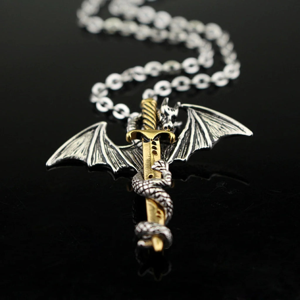 Fashion Vintage Charm Pterosaurs Sword Necklace Flying Dragon With Wings Rolled Pendant Cross Punk Jewelry Men Women