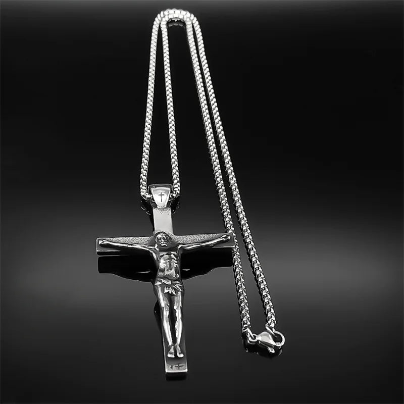 Stainless Steel Christian Jesus Cross Crucifix Pendants Necklaces for Men Women Silver Color Chain Necklaces Jewelry Gift
