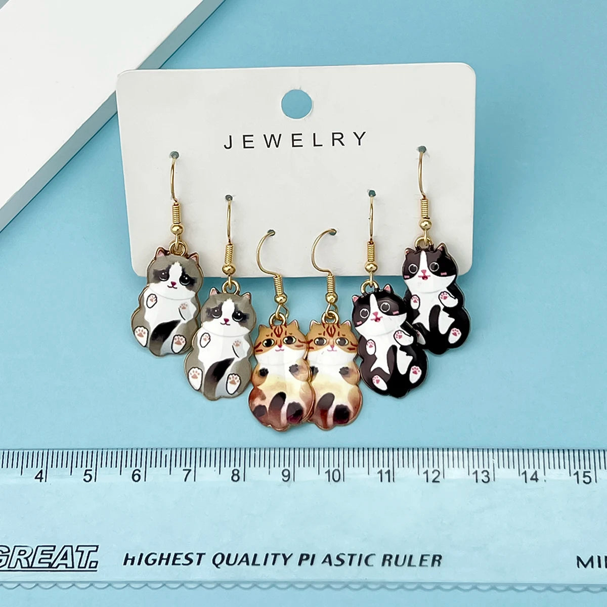 3Pairs/Set New Fun and Cute Enamel Alloy Cat Dangle Earrings Cartoon Style Colored Cat Ear Jewelry Set Gift For Women Girls
