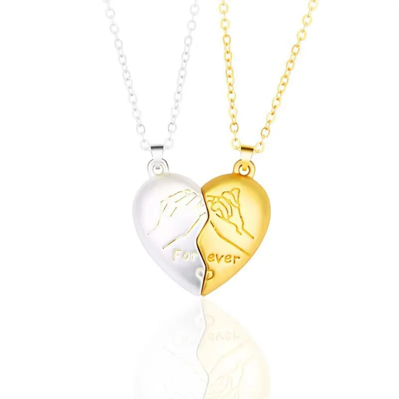 2Pcs Magnet Heart Forever Stitching Necklace Set for Women Lover Couple Gift Metal Romantic Hand Pendant Chain Valentine Jewelry