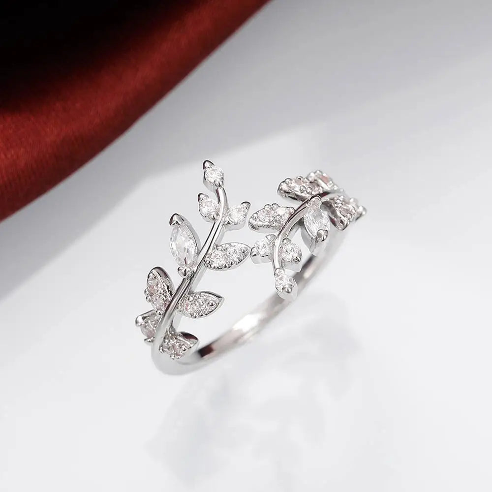 Huitan Fancy Leaf Design Adjustable Opening Rings for Women Sparkling Cubic Zirconia Olive Ring Party Daily Wear Fashion Jewelry