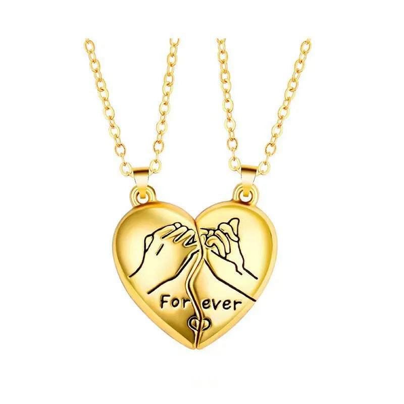 2Pcs Magnet Heart Forever Stitching Necklace Set for Women Lover Couple Gift Metal Romantic Hand Pendant Chain Valentine Jewelry