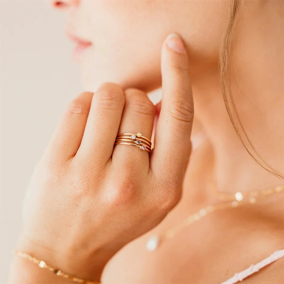 SUNIBI Stainless Steel Birthstone Ring for Woman Gold Color Simple Style Ring Festival Party Fashion Jewelry Dropshipping