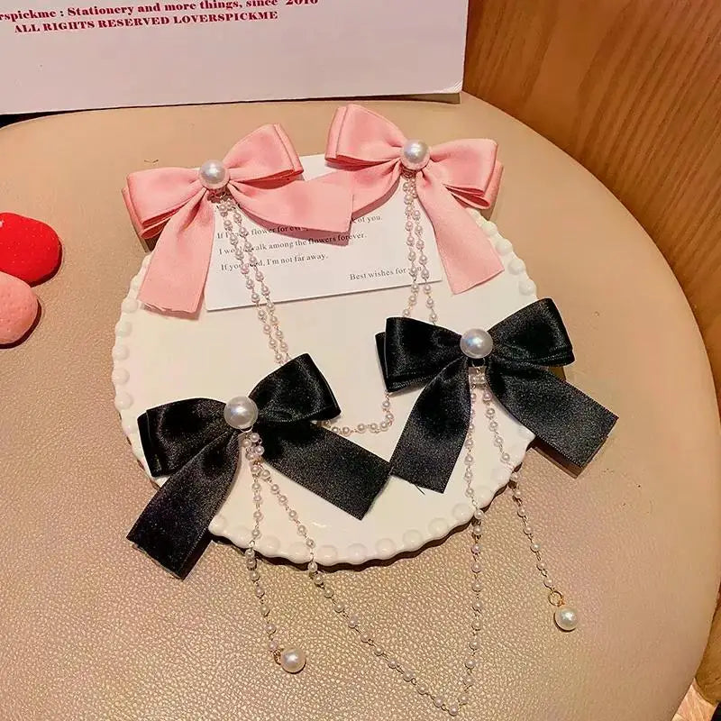 New Elegant Pearl Bow Tassel Hair Clips Solid Velvet Hair Claw Children Princess Hairpins Hair Accessories Заколка Для Волос