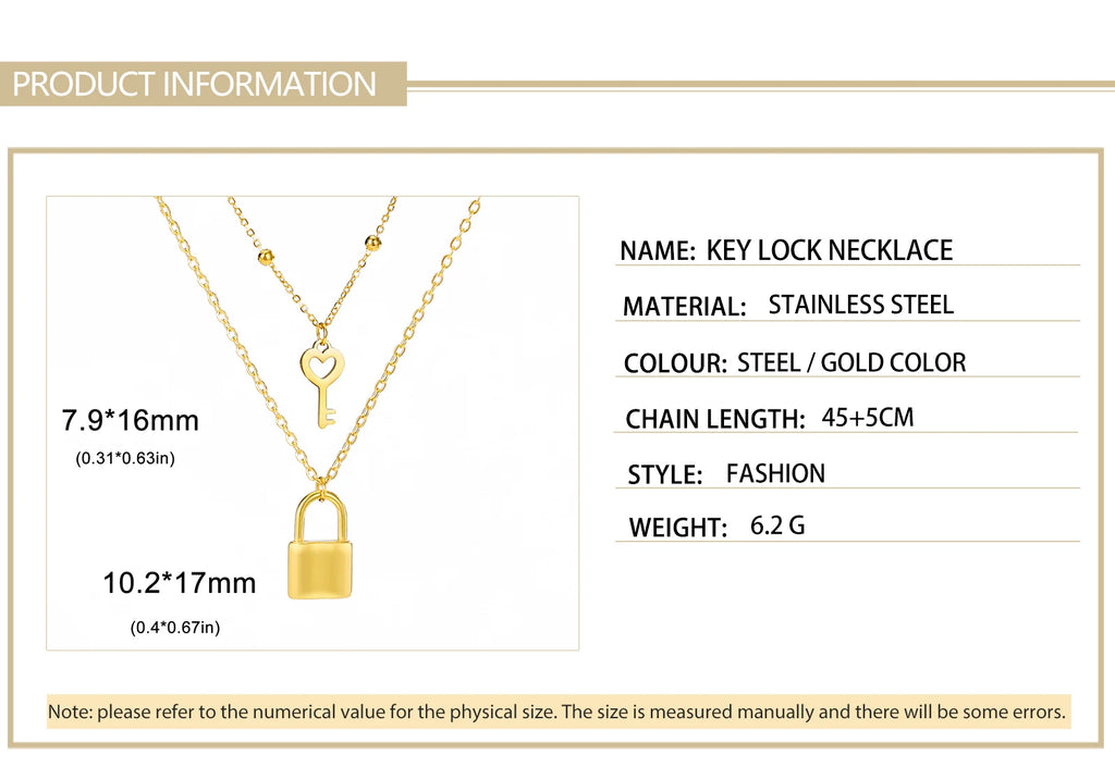 Skyrim Key Padlock Pendant Stainless Steel Necklace Gold Color Women Double Layer Chain Necklaces Trendy Jewelry Wedding Gifts