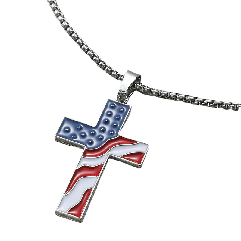 Stainless Steel Chains American Flag Necklace Jesus Christ Cross Pendant Enamel USA Flag Patriotic Christian Jewelry Long Chain