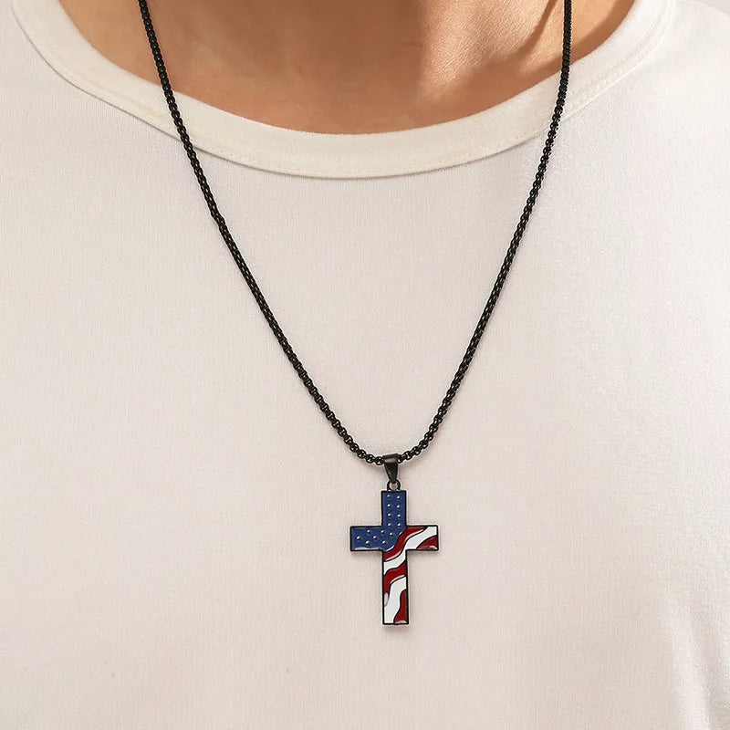 Stainless Steel Chains American Flag Necklace Jesus Christ Cross Pendant Enamel USA Flag Patriotic Christian Jewelry Long Chain