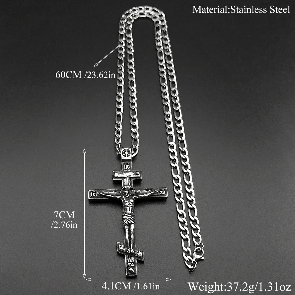 Vintage Orthodox Jesus Cross Pendant Necklace for Women Men Silver Color Stainless Steel Crucifix Baptism Hip Hop Chain Jewelry