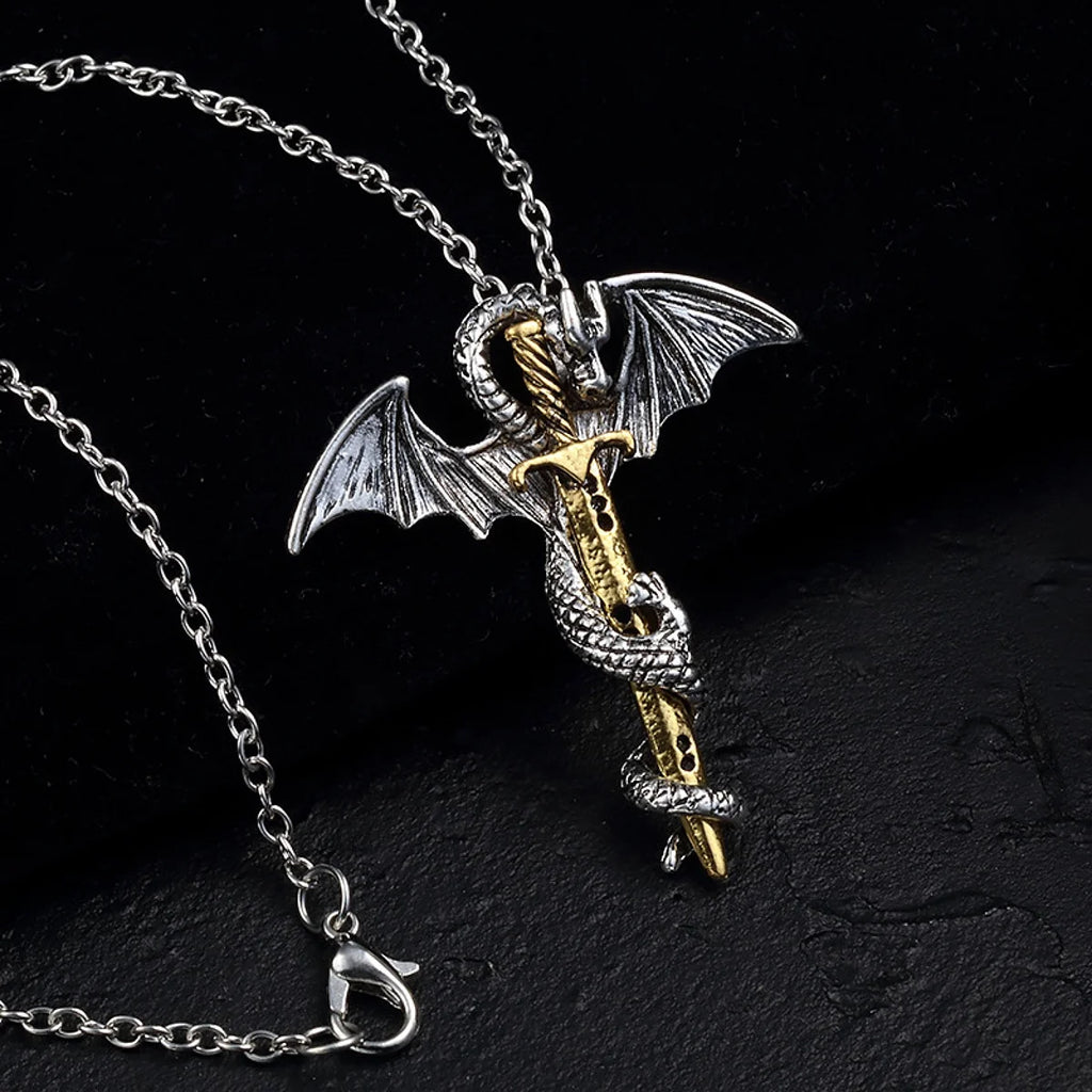 Fashion Vintage Charm Pterosaurs Sword Necklace Flying Dragon With Wings Rolled Pendant Cross Punk Jewelry Men Women