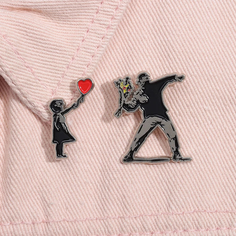 Classic Banksy Art Design Collection Brooch Enamel Pin Flower Thrower Boy Red Balloon Girl Badge Decoration Lapel Jewelry Gift