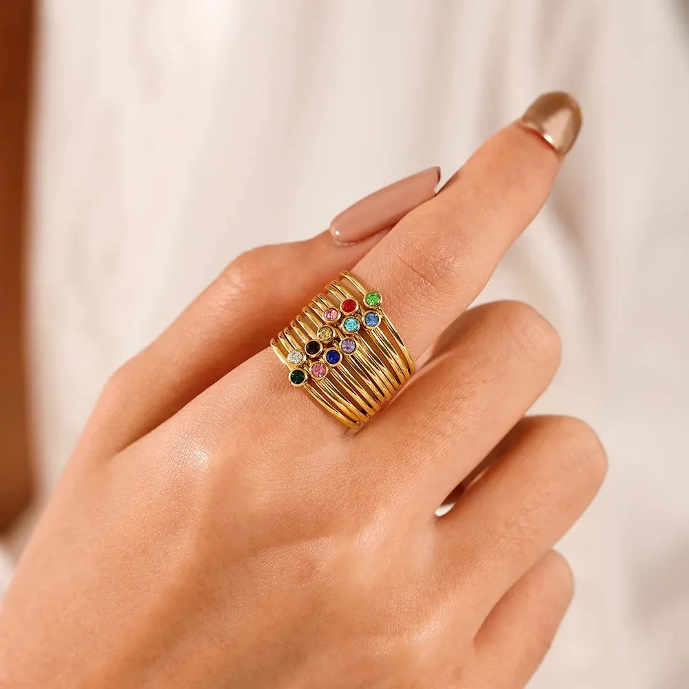 SUNIBI Stainless Steel Birthstone Ring for Woman Gold Color Simple Style Ring Festival Party Fashion Jewelry Dropshipping