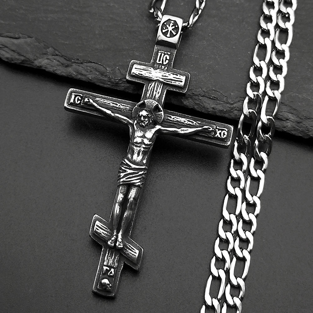 Vintage Orthodox Jesus Cross Pendant Necklace for Women Men Silver Color Stainless Steel Crucifix Baptism Hip Hop Chain Jewelry