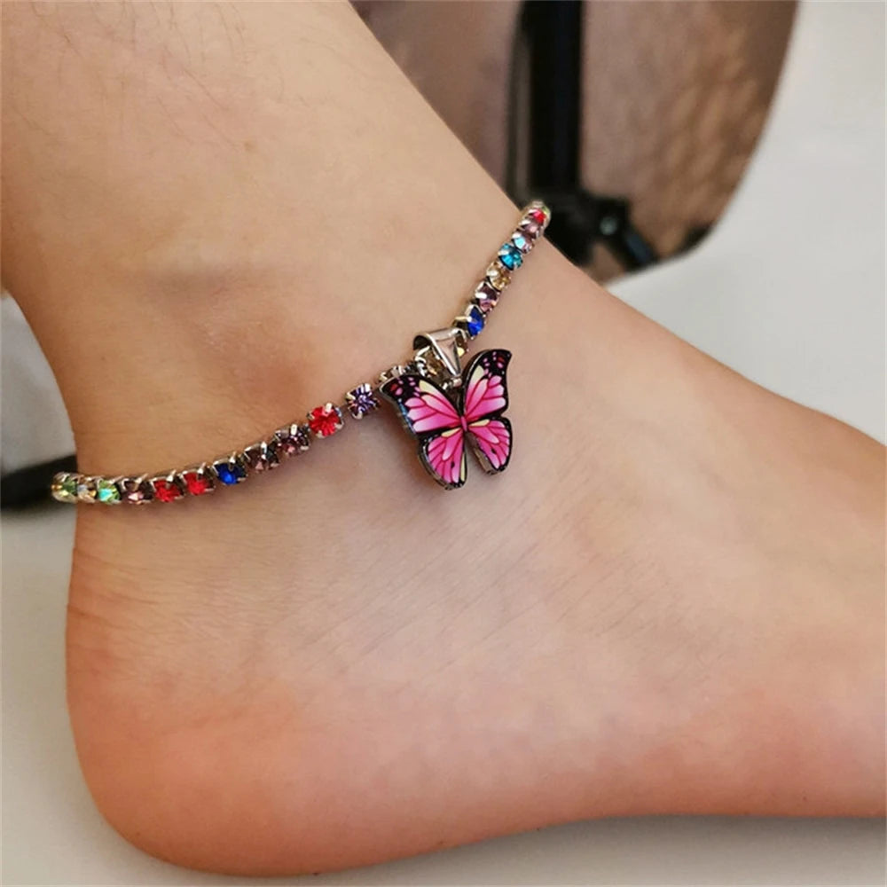 Bohemian Metal Butterfly Anklet Bracelet Colorful Bling Bling Tennis Anklet For Women Girls Summer Beach Foot Chain Accessories