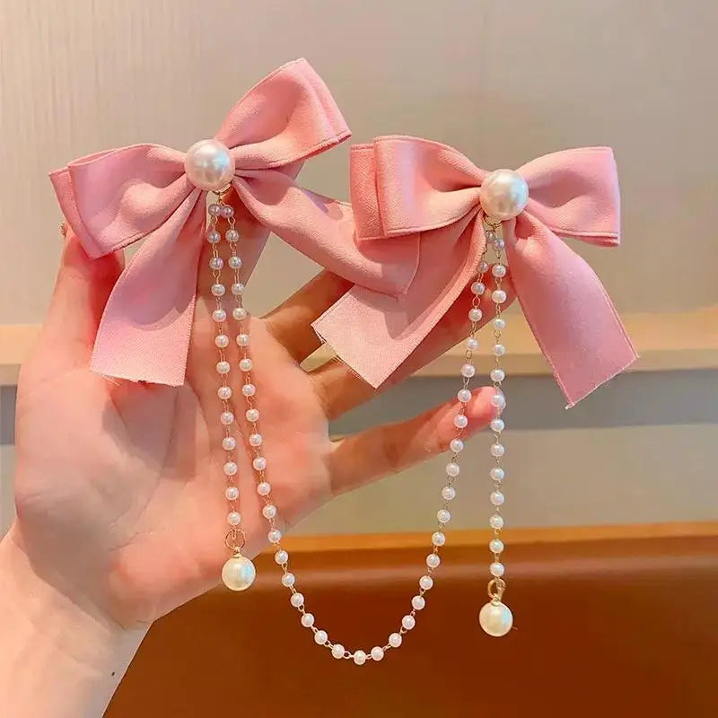 New Elegant Pearl Bow Tassel Hair Clips Solid Velvet Hair Claw Children Princess Hairpins Hair Accessories Заколка Для Волос